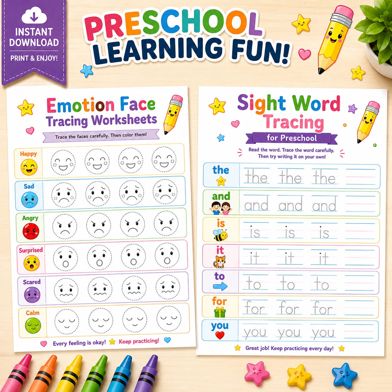 Preschool Tracing Worksheets Bundle | Sight Words, Emotions & Fine Motor Skills Printable