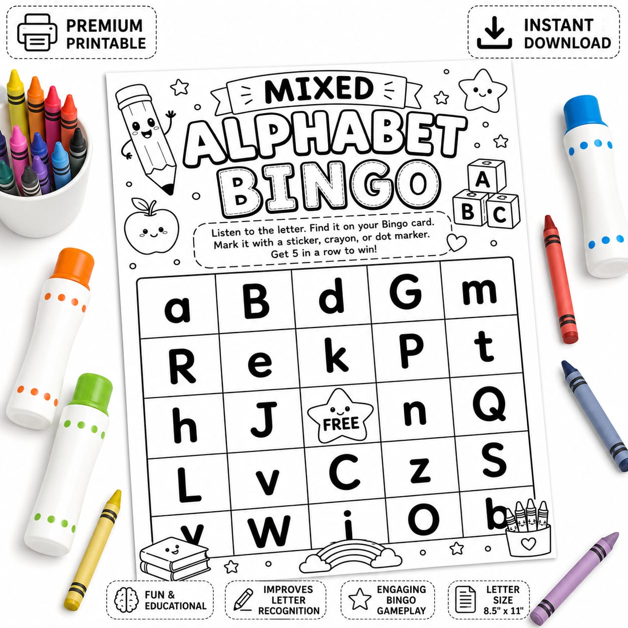 Alphabet Bingo Worksheets for Kids | Letter Recognition Printable PDF