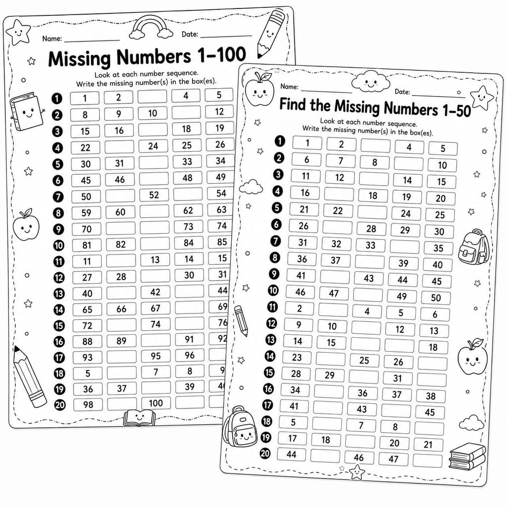 Missing Numbers Worksheets for Kids | Number Sequence & Skip Counting Printable PDF