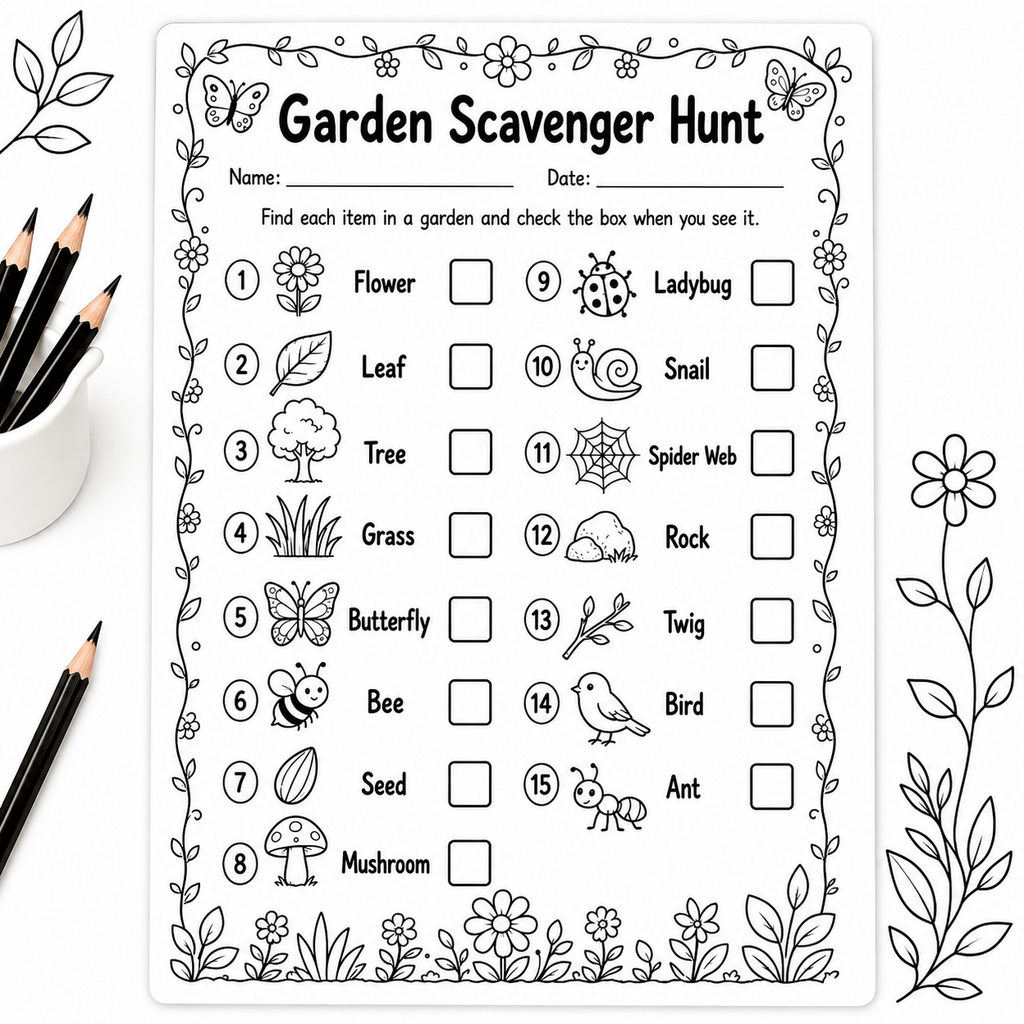 A black and white printable 'Garden Scavenger Hunt' worksheet with numbered clues for flowers, leaves, trees, grass, bugs, webs, rocks, twigs, birds, ants, and mushrooms, shown on a white background with pencils at the side.