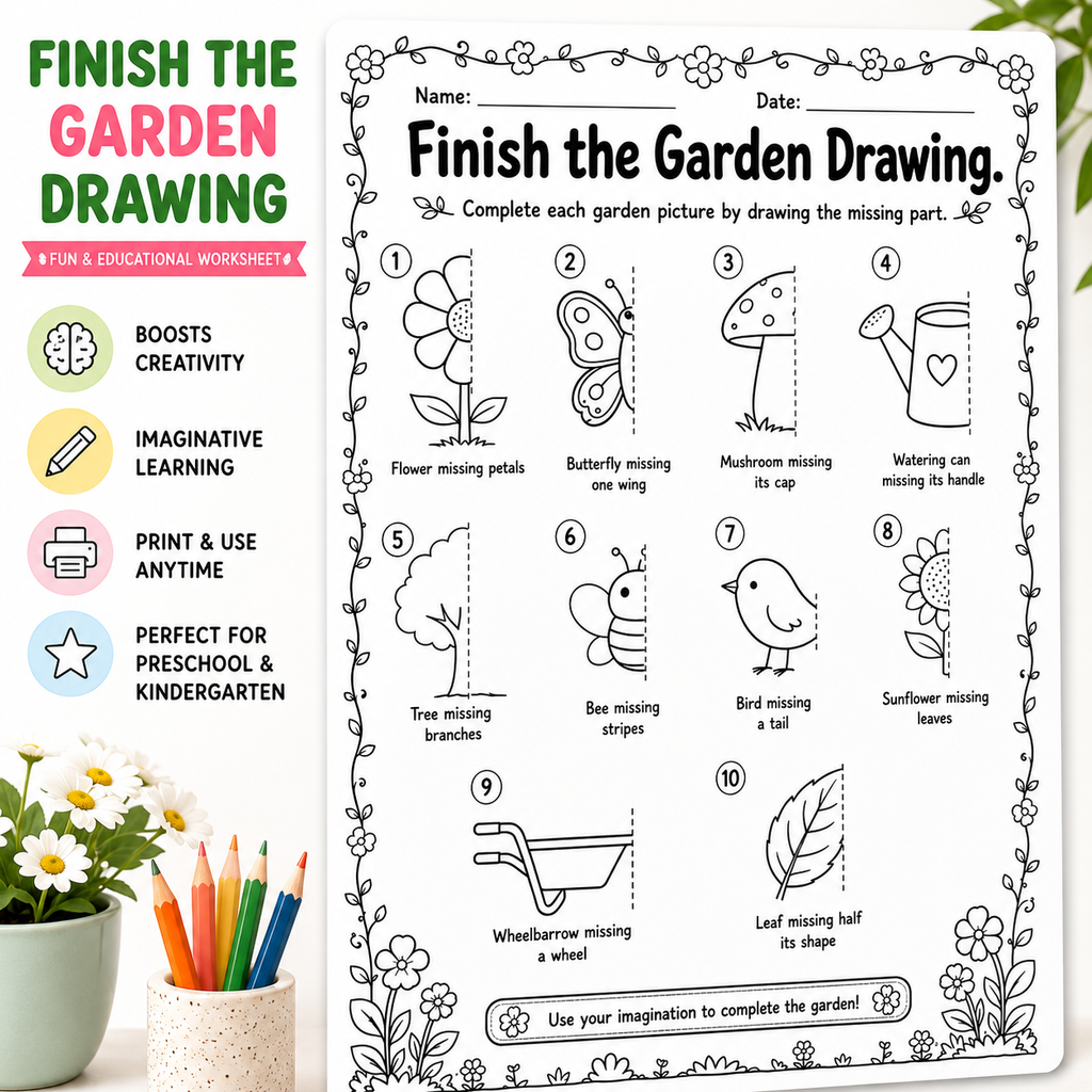 A kindergarten garden drawing worksheet page titled 'Finish the Garden Drawing' with numbered line drawings and captions, shown beside a colorful product info panel and a small potted plant with colored pencils.