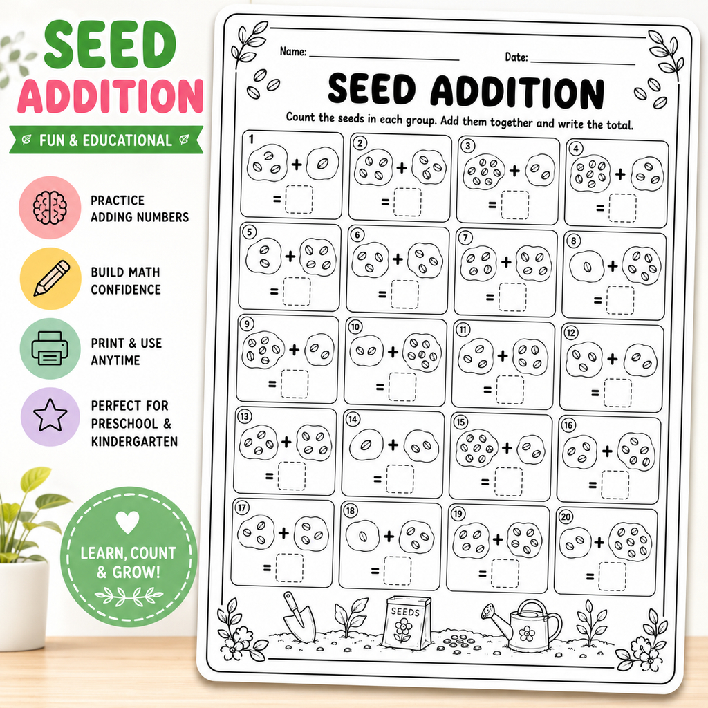 A printable educational worksheet titled 'SEED ADDITION' shown on a light wood surface with a small plant in the corner. The sheet contains rows of simple addition problems with illustrated seeds, flowers, and gardening tools.