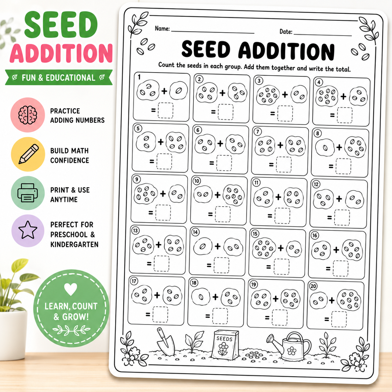 A printable educational worksheet titled 'SEED ADDITION' shown on a light wood surface with a small plant in the corner. The sheet contains rows of simple addition problems with illustrated seeds, flowers, and gardening tools.