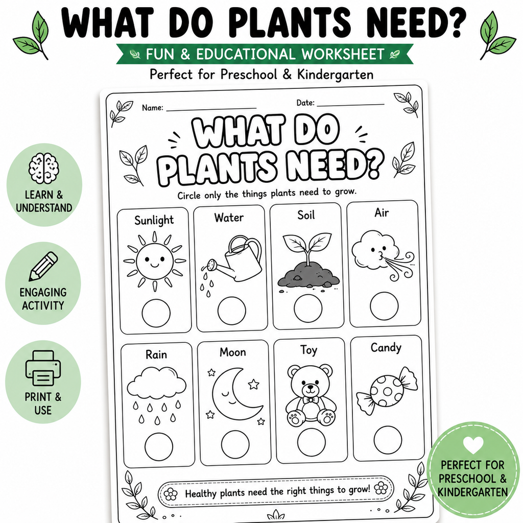 Educational worksheet titled 'What Do Plants Need?' designed for preschool and kindergarten. The black and white printable sheet features a grid of categories (Sunlight, Water, Soil, Air, Rain, Moon, Toy, Candy) with corresponding simple illustrations, alongside green circular badges highlighting key learning features like 'Learn & Understand' and 'Engaging Activity'.