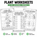Three printable educational plant worksheet pages shown on a white background, with large title text reading 'PLANT WORKSHEETS' and feature icons along the bottom.